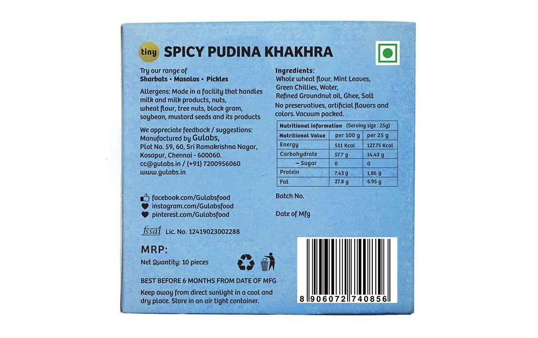Gulabs Tiny Spicy Pudina Khakhra    Box  10 pcs